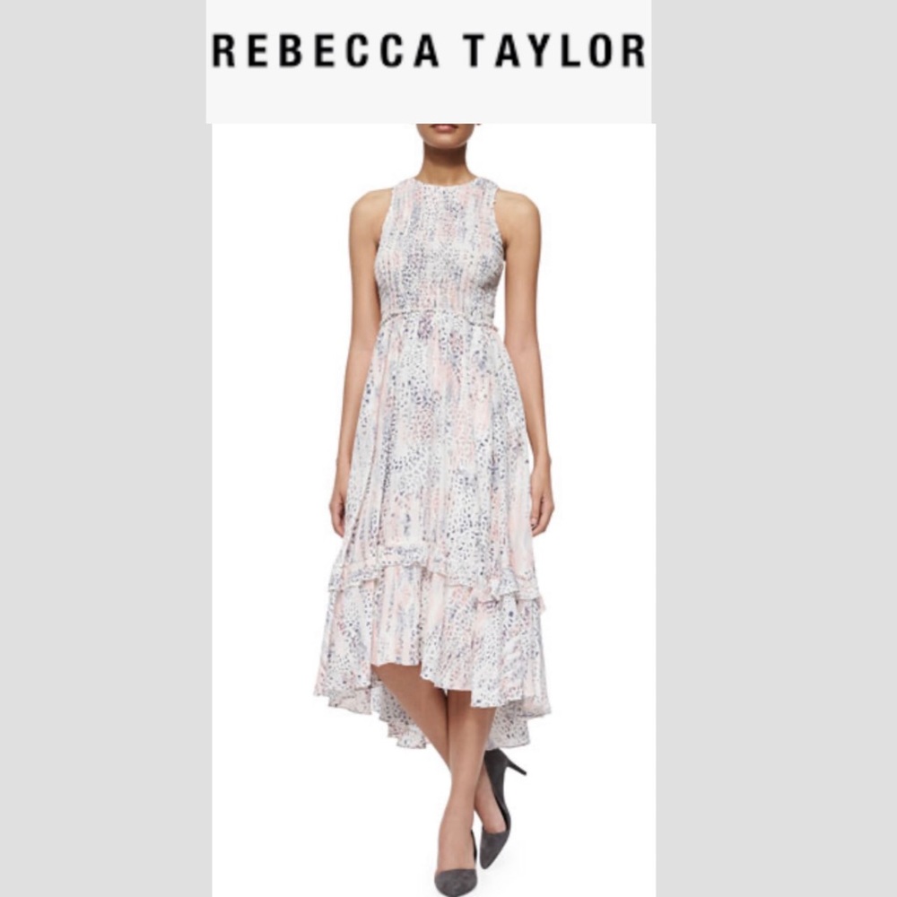 Rebecca Taylor Leopard-Print Smock-Bodice Dress, Size: 0/2 off white/peach/grey